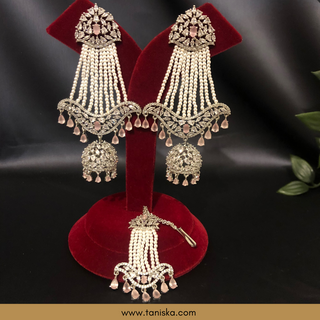 American Diamond Style Cubic Zirconia Statement Earring & Tikka Set - Baby Pink / Silver