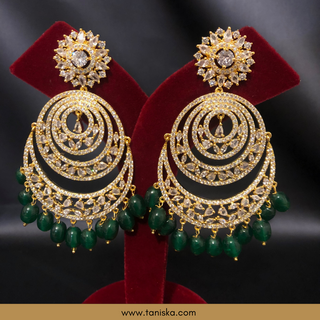 American Diamond Style Cubic Zirconia Statement Earring & Tikka Set - Gold Plated / Emerald Green