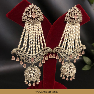 American Diamond Style Cubic Zirconia Statement Earring & Tikka Set - Baby Pink / Silver