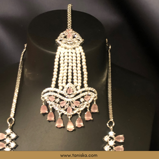 American Diamond Style Necklace Set - Silver/Baby Pink - Necklace Set