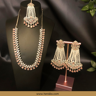 American Diamond Style Necklace Set - Silver/Baby Pink - Necklace Set