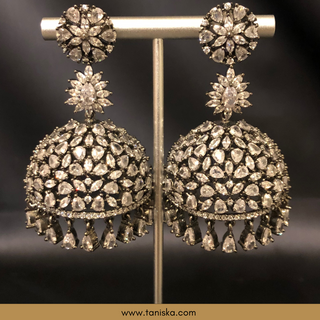 American Diamond Style Earring & Tikka Set - Silver / Gun Metal