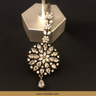 American Diamond Style Earring & Tikka Set - Silver / Gun Metal