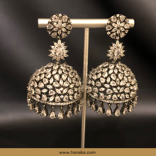American Diamond Style Earring & Tikka Set - Silver / Gun Metal