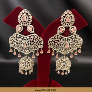 American Diamond Style Cubic Zirconia Statement Earring & Tikka Set - Silver Plated / Baby Pink