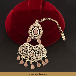 American Diamond Style Cubic Zirconia Statement Earring & Tikka Set - Silver Plated / Baby Pink