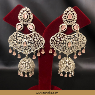 American Diamond Style Cubic Zirconia Statement Earring & Tikka Set - Silver Plated / Baby Pink