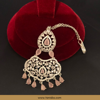American Diamond Style Cubic Zirconia Statement Earring & Tikka Set - Silver Plated / Baby Pink