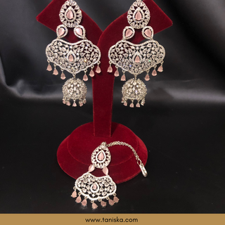 American Diamond Style Cubic Zirconia Statement Earring & Tikka Set - Silver Plated / Baby Pink