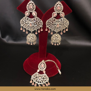 American Diamond Style Cubic Zirconia Statement Earring & Tikka Set - Silver Plated / Baby Pink