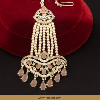 American Diamond Style Earring & Tikka Set - Baby Pink