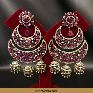 American Diamond Style Cubic Zirconia Statement Earring & Tikka Set - Gun Metal / Hot Pink