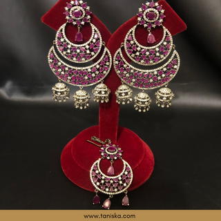 American Diamond Style Cubic Zirconia Statement Earring & Tikka Set - Gun Metal / Hot Pink