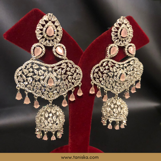 American Diamond Style Cubic Zirconia Statement Earring & Tikka Set - Silver Plated / Baby Pink