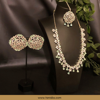American Diamond Style Necklace Set - Silver/Mint - Necklace Set