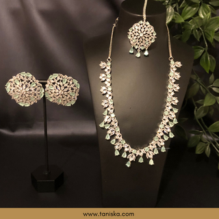American Diamond Style Necklace Set - Silver/Mint - Necklace Set