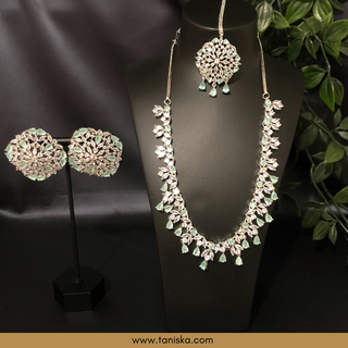 American Diamond Style Necklace Set - Silver/Mint - Necklace Set