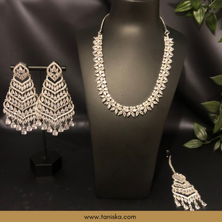 American Diamond Style Necklace Set - Silver - Necklace Set
