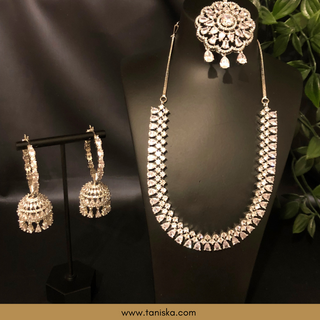 American Diamond Style Necklace Set - Silver - Necklace Set