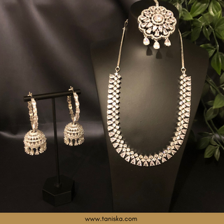American Diamond Style Necklace Set - Silver - Necklace Set