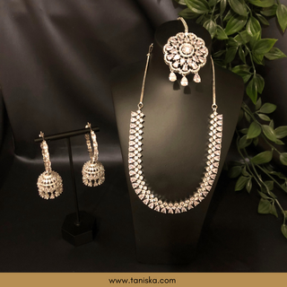 American Diamond Style Necklace Set - Silver - Necklace Set