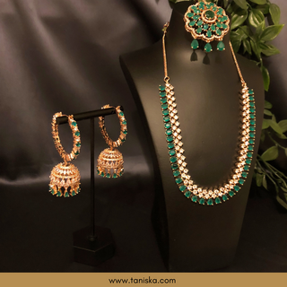 American Diamond Style Necklace Set - Rose Gold/Emerald Green - Necklace Set