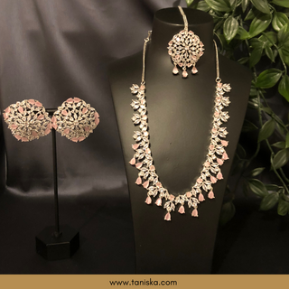 American Diamond Style Necklace Set - Silver/Baby Pink - Necklace Set