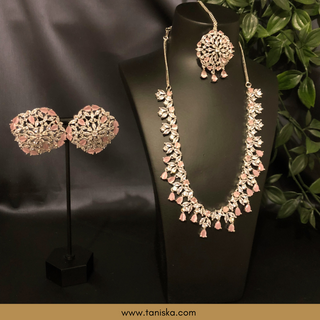 American Diamond Style Necklace Set - Silver/Baby Pink - Necklace Set