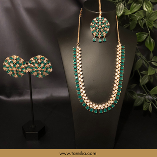 American Diamond Style Necklace Set - Rose Gold/Emerald Green - Necklace Set