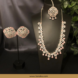 American Diamond Style Necklace Set - Silver/Baby Pink - Necklace Set