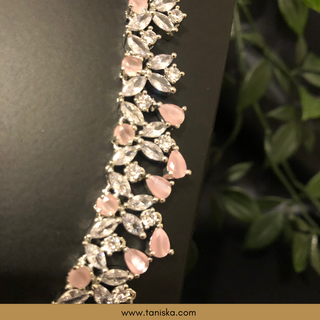 American Diamond Style Necklace Set - Silver/Baby Pink - Necklace Set