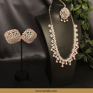 American Diamond Style Necklace Set - Silver/Baby Pink - Necklace Set