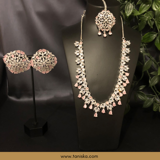 American Diamond Style Necklace Set - Silver/Baby Pink - Necklace Set