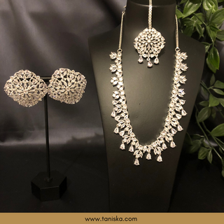 American Diamond Style Necklace Set - Silver - Necklace Set