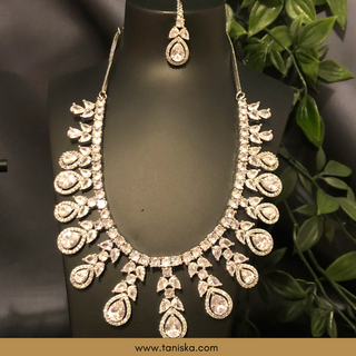 American Diamond Style Necklace Set - Silver - Necklace Set