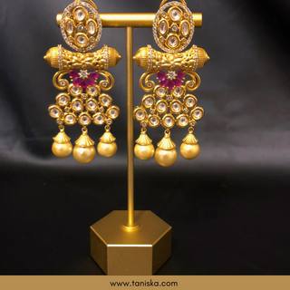 Noor Golden Kundan Earrings with Hot Pink