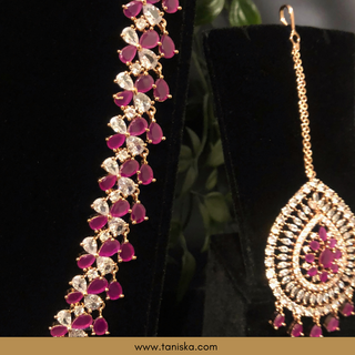 American Diamond Style Cubic Zirconia Long Necklace Set - Rose Gold / Hot Pink - Necklace Set