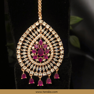 American Diamond Style Cubic Zirconia Long Necklace Set - Rose Gold / Hot Pink - Necklace Set
