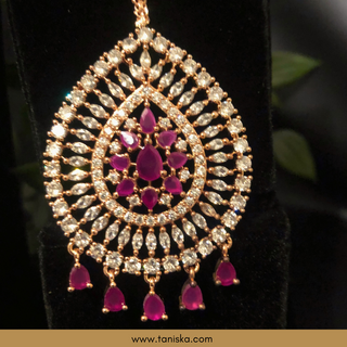 American Diamond Style Cubic Zirconia Long Necklace Set - Rose Gold / Hot Pink - Necklace Set