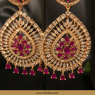 American Diamond Style Cubic Zirconia Long Necklace Set - Rose Gold / Hot Pink - Necklace Set