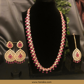 American Diamond Style Cubic Zirconia Long Necklace Set - Rose Gold / Hot Pink - Necklace Set