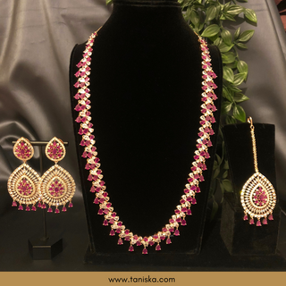 American Diamond Style Cubic Zirconia Long Necklace Set - Rose Gold / Hot Pink - Necklace Set
