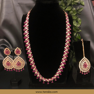 American Diamond Style Cubic Zirconia Long Necklace Set - Rose Gold / Hot Pink - Necklace Set