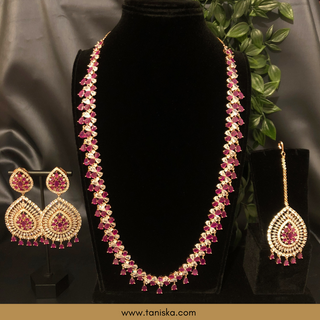 American Diamond Style Cubic Zirconia Long Necklace Set - Rose Gold / Hot Pink - Necklace Set