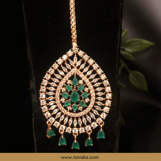 American Diamond Style Cubic Zirconia Long Necklace Set - Rose Gold / Emerald Green - Necklace Set