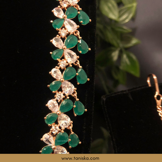 American Diamond Style Cubic Zirconia Long Necklace Set - Rose Gold / Emerald Green - Necklace Set