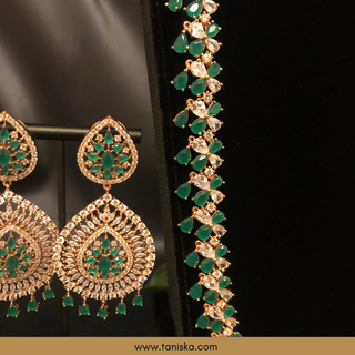 American Diamond Style Cubic Zirconia Long Necklace Set - Rose Gold / Emerald Green - Necklace Set
