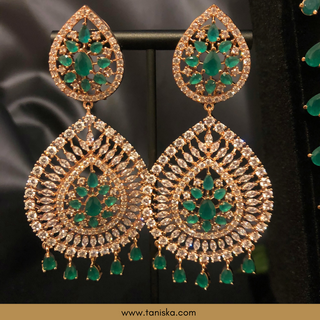 American Diamond Style Cubic Zirconia Long Necklace Set - Rose Gold / Emerald Green - Necklace Set