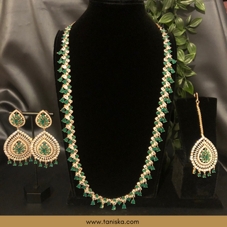 American Diamond Style Cubic Zirconia Long Necklace Set - Rose Gold / Emerald Green - Necklace Set