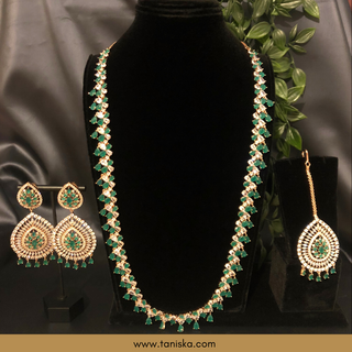 American Diamond Style Cubic Zirconia Long Necklace Set - Rose Gold / Emerald Green - Necklace Set